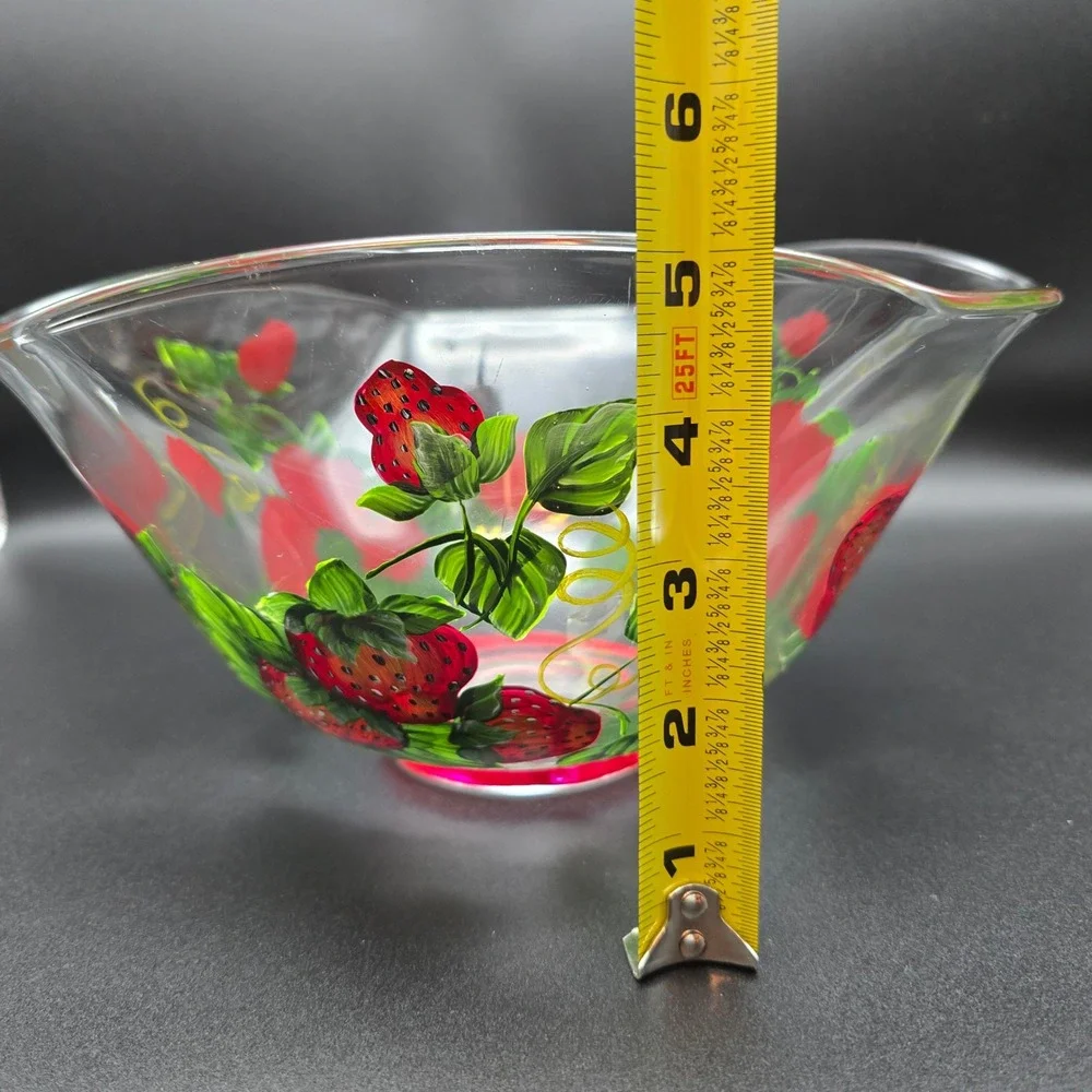 Hand Painted Strawberry Glass Serving Salad Bowl Triangular‎ Ruffled Clear Red